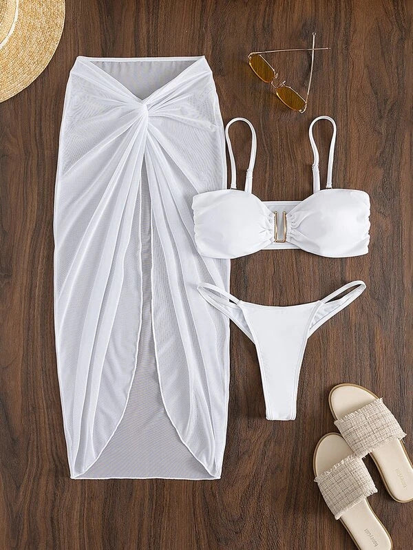 Multicolor Bikini Three-piece Set Long Culottes Yarn French Style