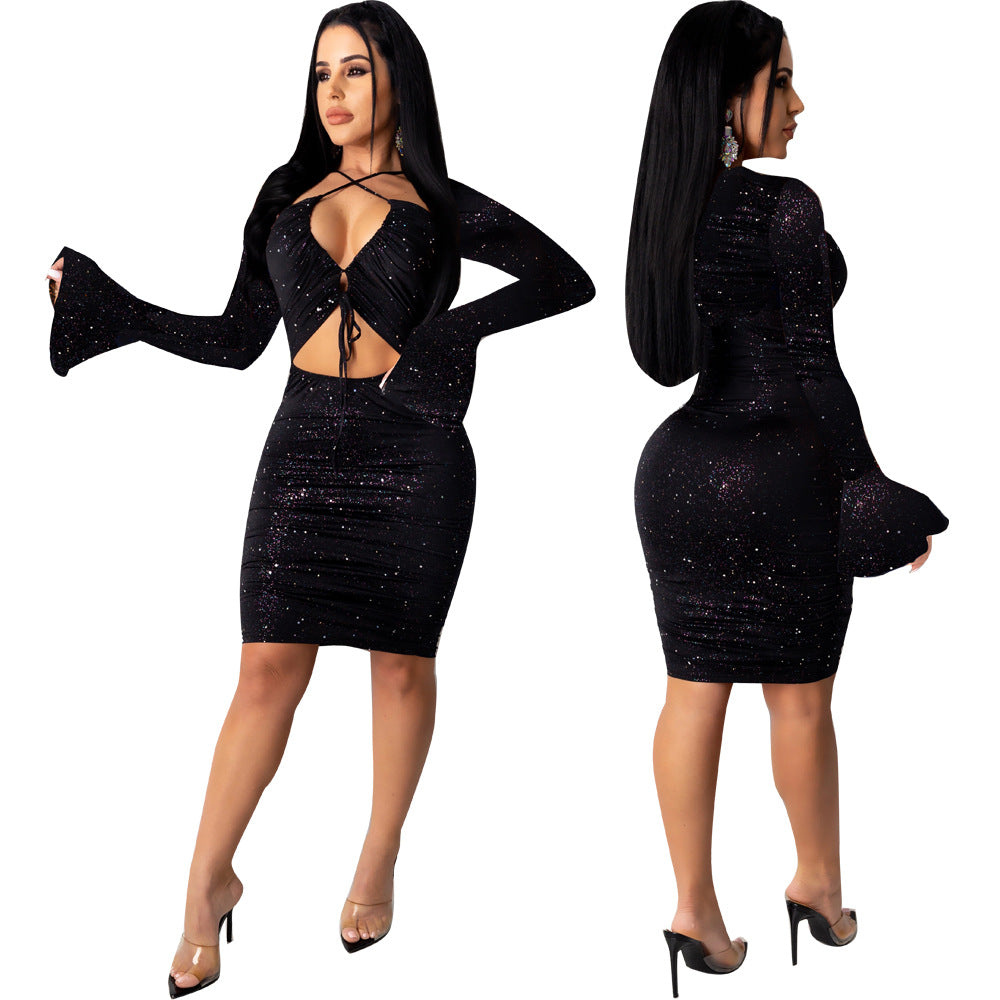 Skinny Hollow-out Bell Sleeve Nightclub Dress