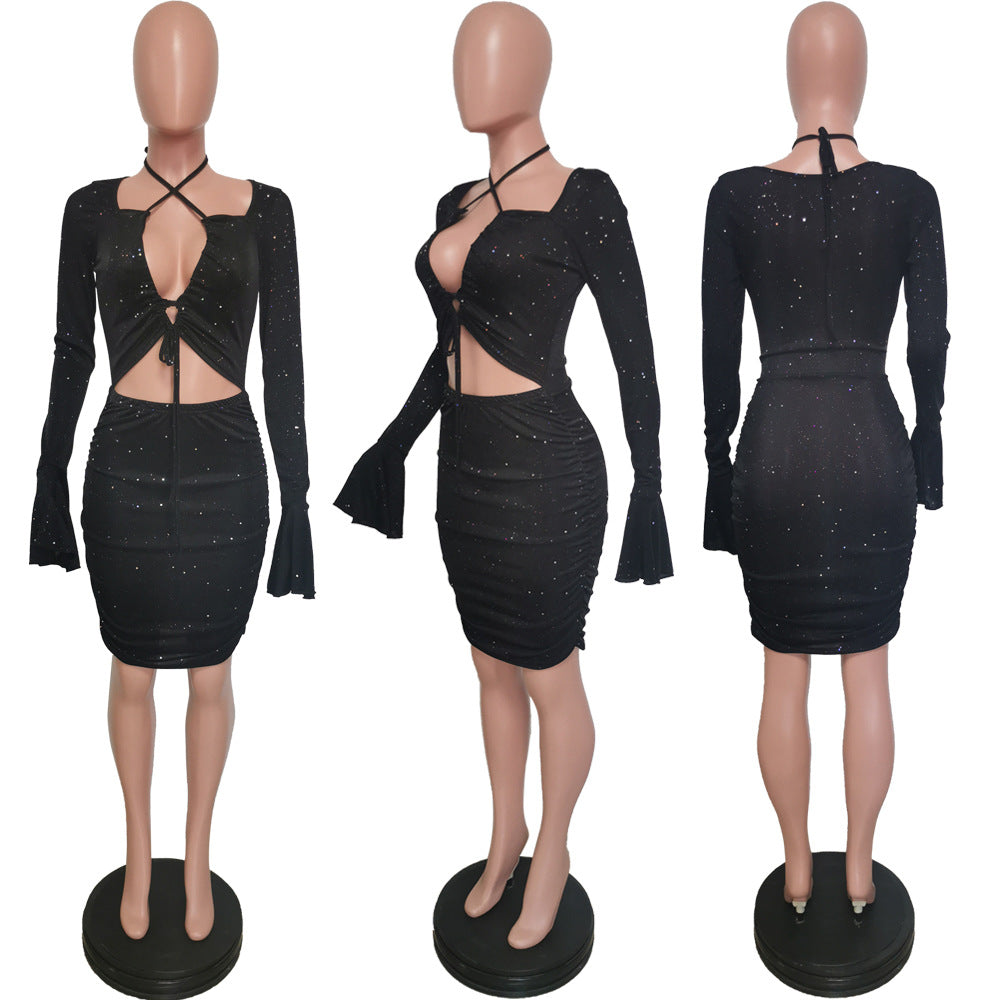 Skinny Hollow-out Bell Sleeve Nightclub Dress