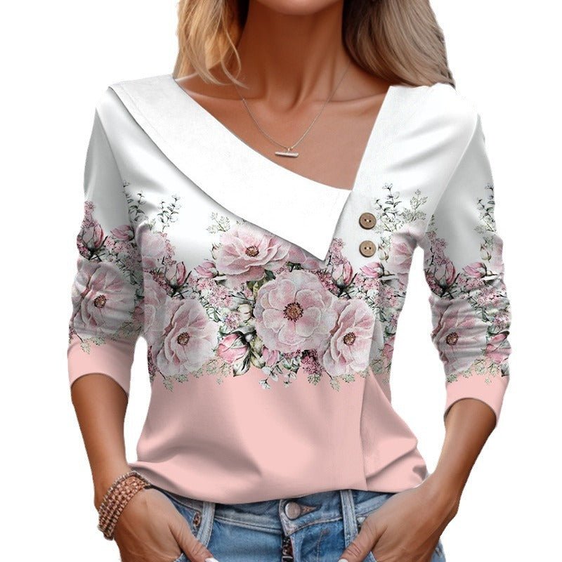 Long Sleeve Diagonal Collar Color-blocking Flower Printed T-shirt