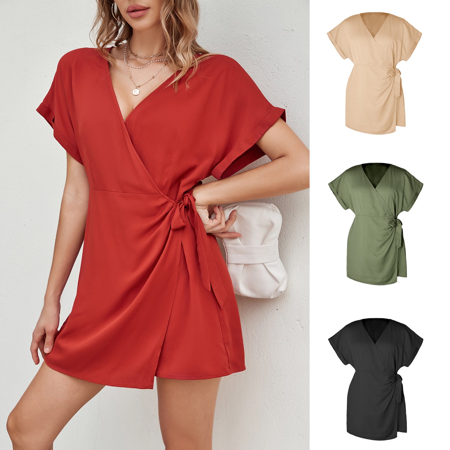 Pure Color Tied Jumpsuit Slimming V-neckline Short Sleeve Rompers