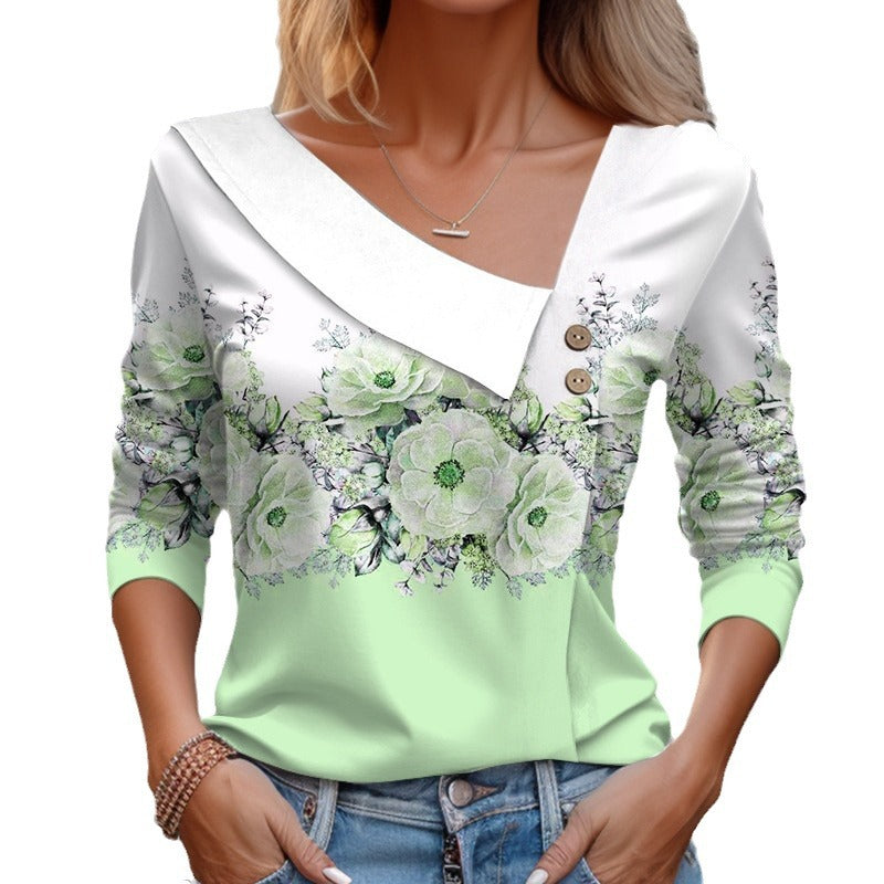 Long Sleeve Diagonal Collar Color-blocking Flower Printed T-shirt
