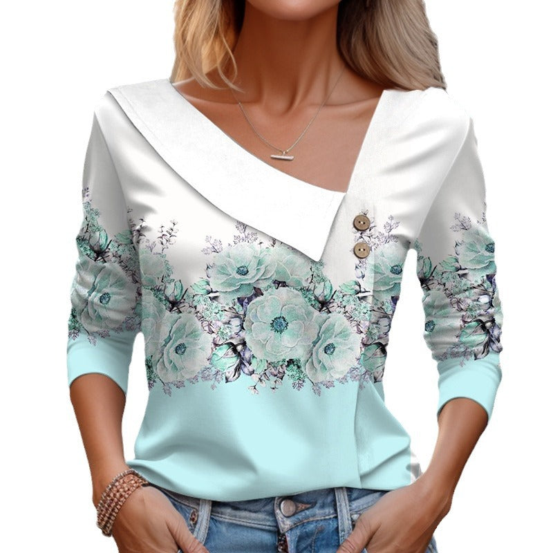 Long Sleeve Diagonal Collar Color-blocking Flower Printed T-shirt