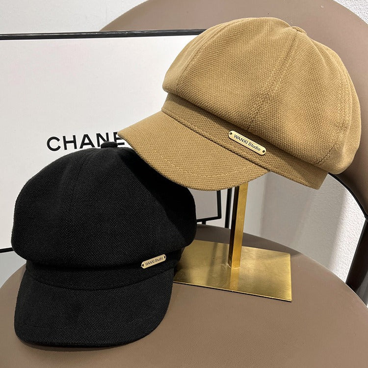 Autumn And Winter Women's Ins Metal Label Letters Peaked Cap Beret British