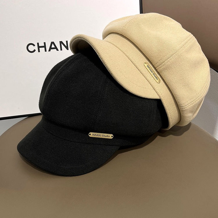 Autumn And Winter Women's Ins Metal Label Letters Peaked Cap Beret British