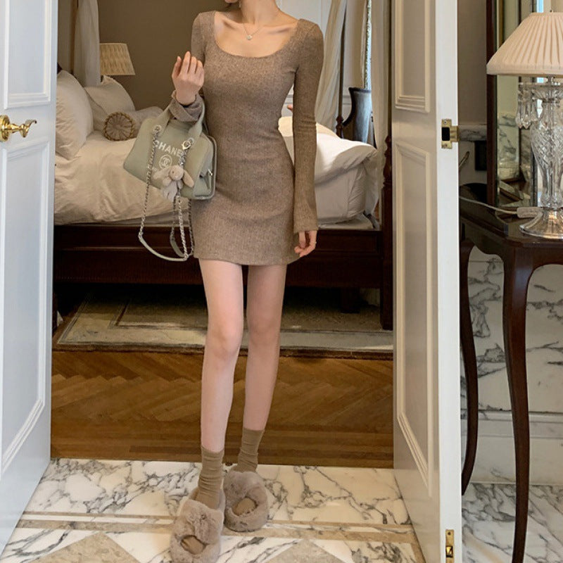 Pure Desire Style Square Collar Bell Sleeve Knitted Dress