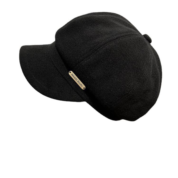 Autumn And Winter Women's Ins Metal Label Letters Peaked Cap Beret British