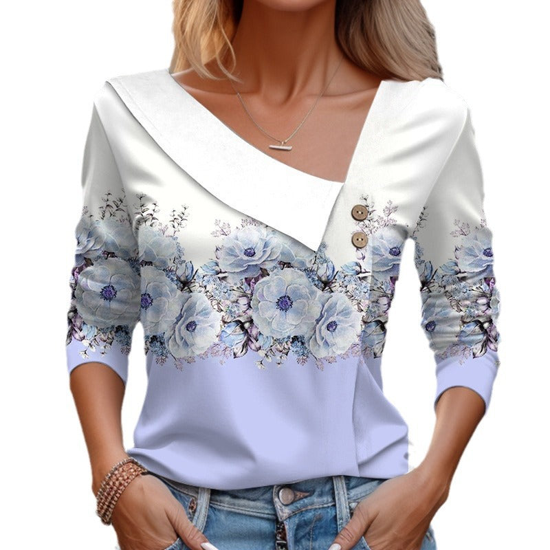Long Sleeve Diagonal Collar Color-blocking Flower Printed T-shirt