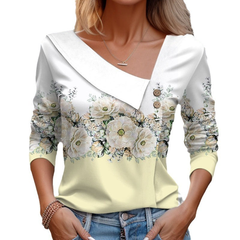 Long Sleeve Diagonal Collar Color-blocking Flower Printed T-shirt