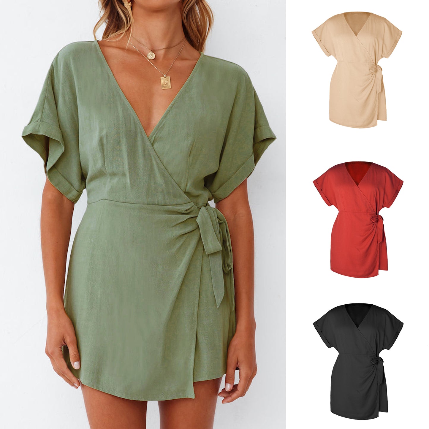Pure Color Tied Jumpsuit Slimming V-neckline Short Sleeve Rompers