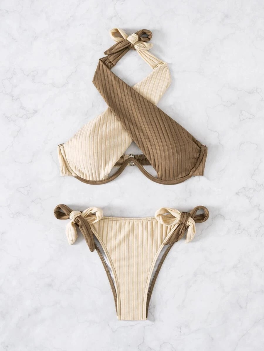 Women's Swimsuit Two-color Hanging Neck Cross Slim Back