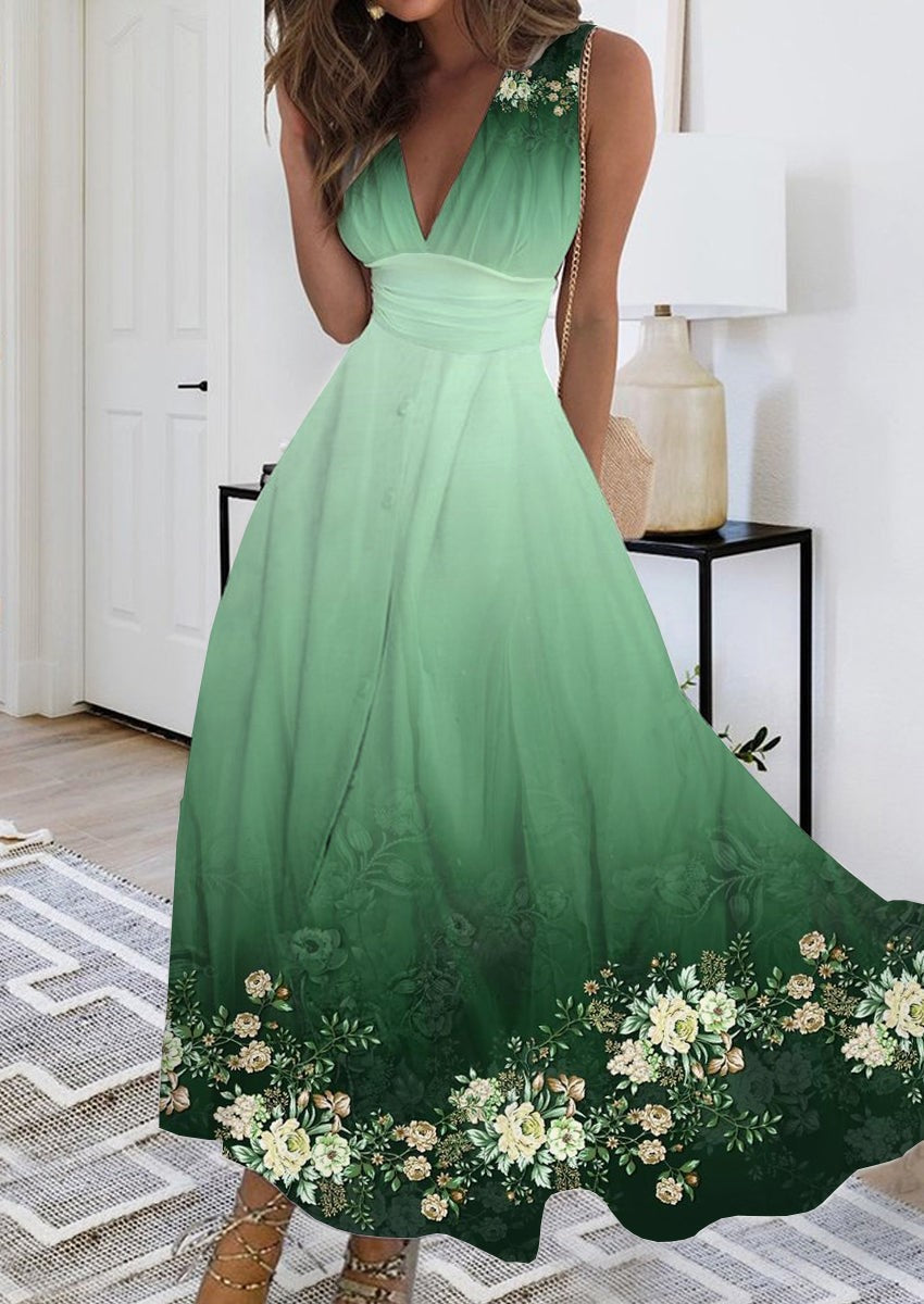 Summer New V-neck Fashion Digital Printing Maxi Dress