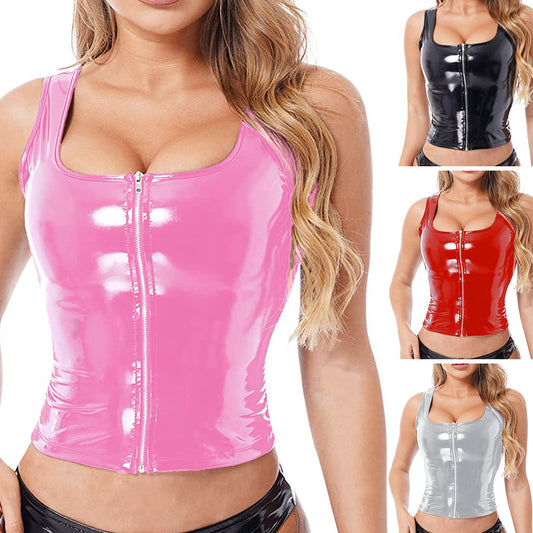 New Women's Bright PVC Patent Leather Zipper Vest