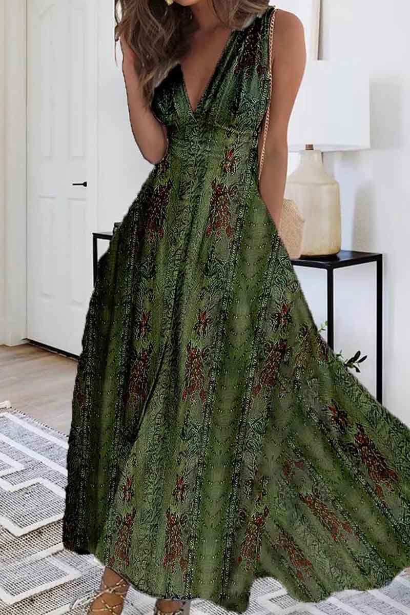 Summer New V-neck Fashion Digital Printing Maxi Dress