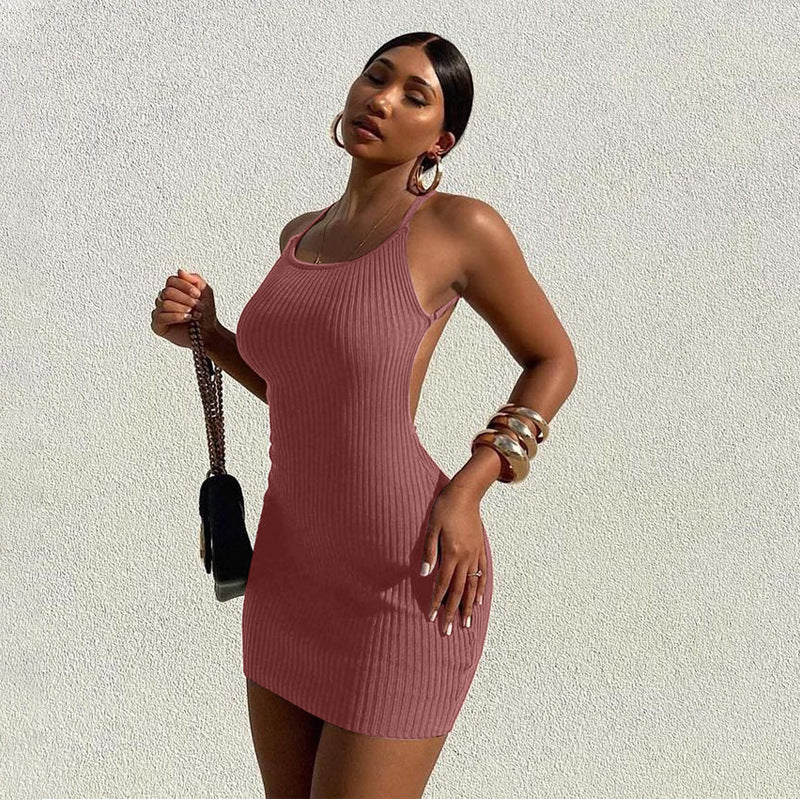 Solid Color Slim Fit Knit Sexy Sling Sheath Dress