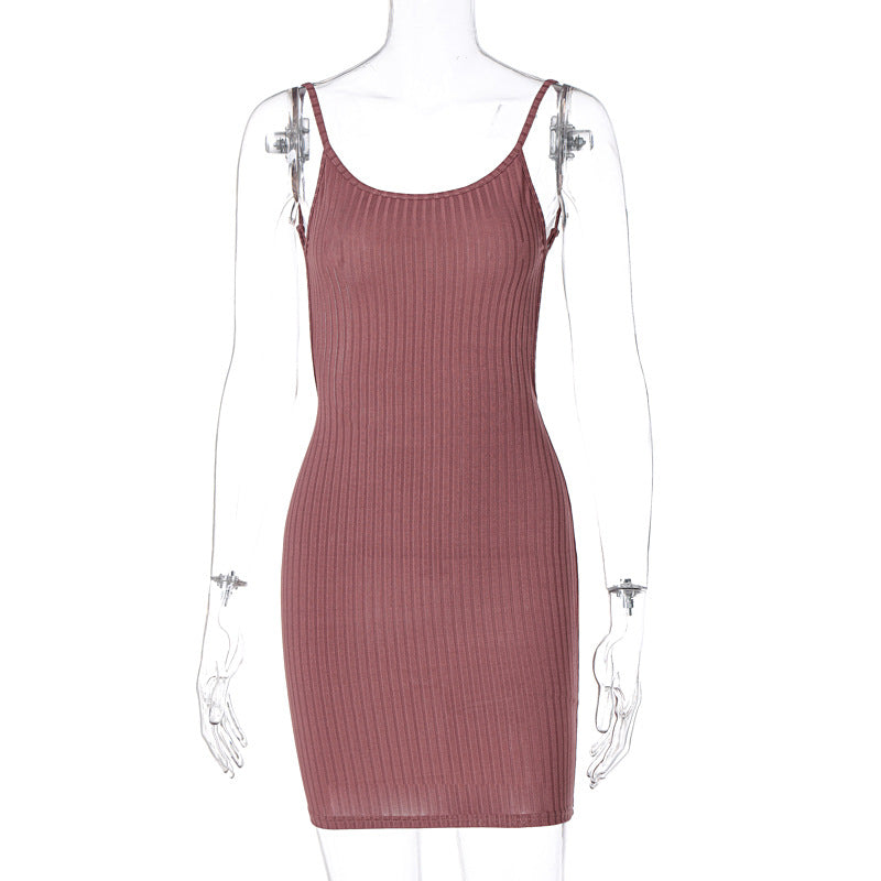 Solid Color Slim Fit Knit Sexy Sling Sheath Dress