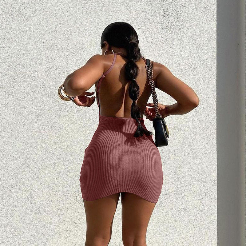 Solid Color Slim Fit Knit Sexy Sling Sheath Dress