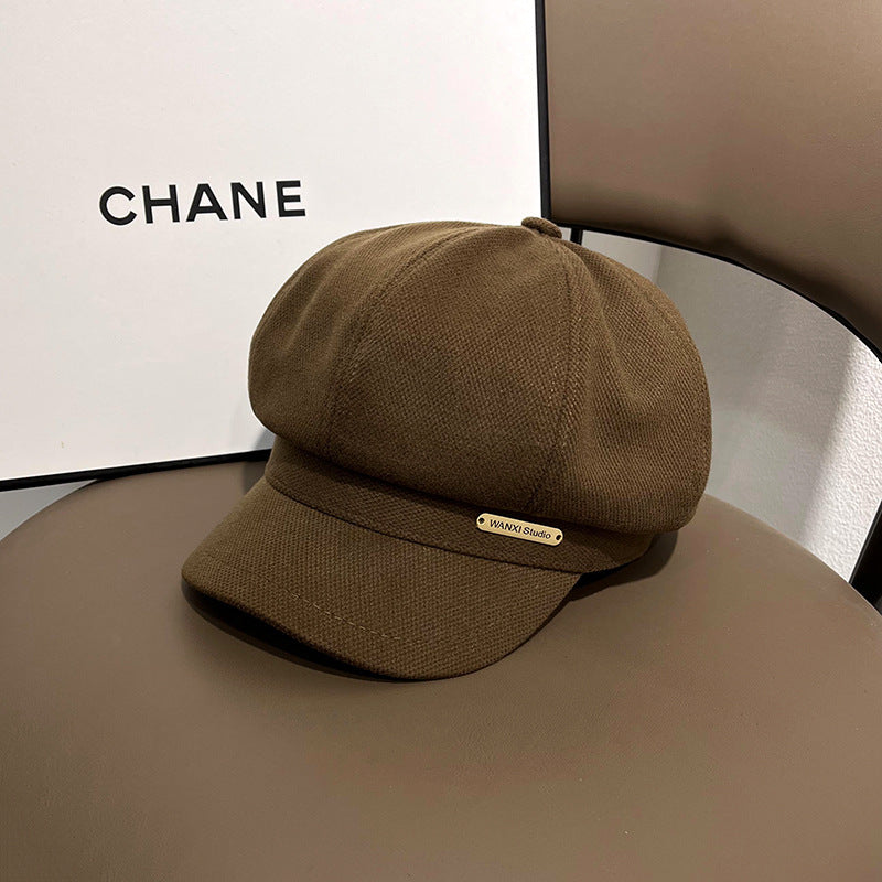 Autumn And Winter Women's Ins Metal Label Letters Peaked Cap Beret British